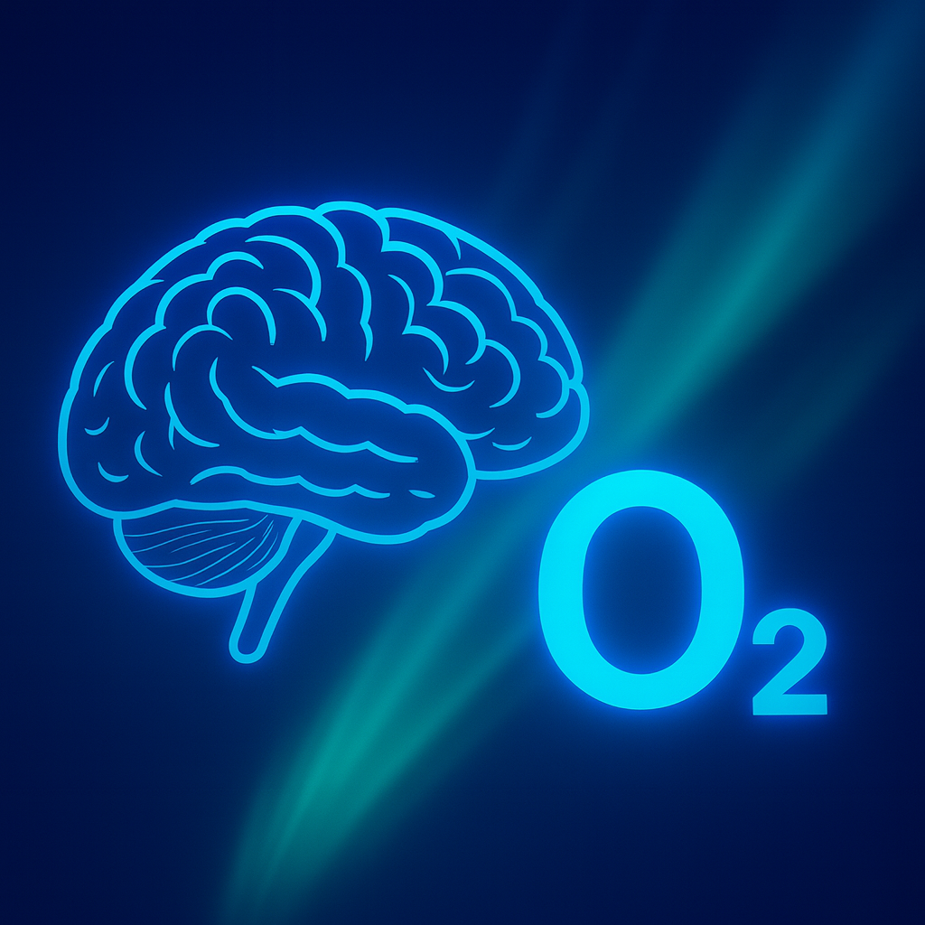 Abstrakt bilde av nordlys med en illustrert hjerne på sammen med symbolet 02 for oksygen